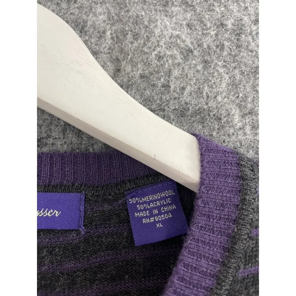 Alan Flusser Sweater Mens Extra Large Black Wool Striped Purple Pullover N142
